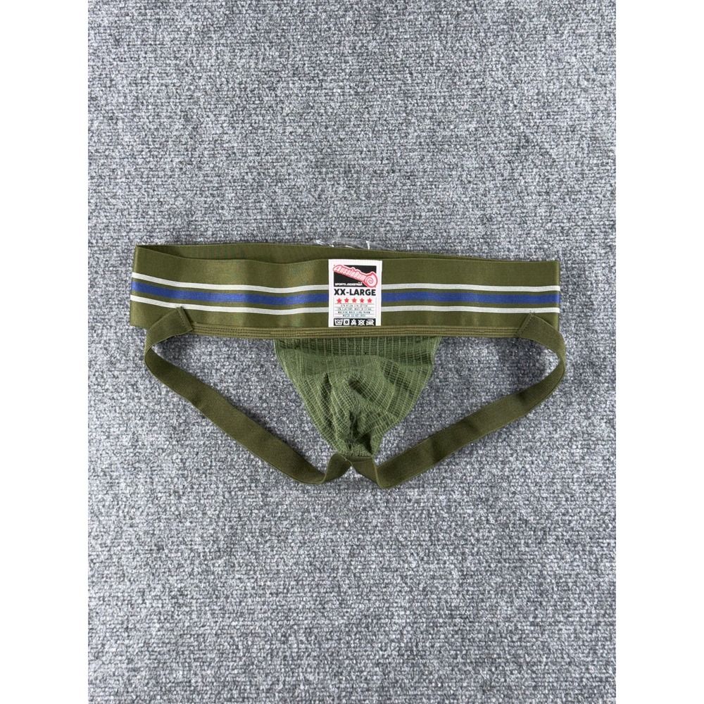 AussieBum Sports Jockstrap Olive Green Mesh Pouch XXL Blue White Stripe Band